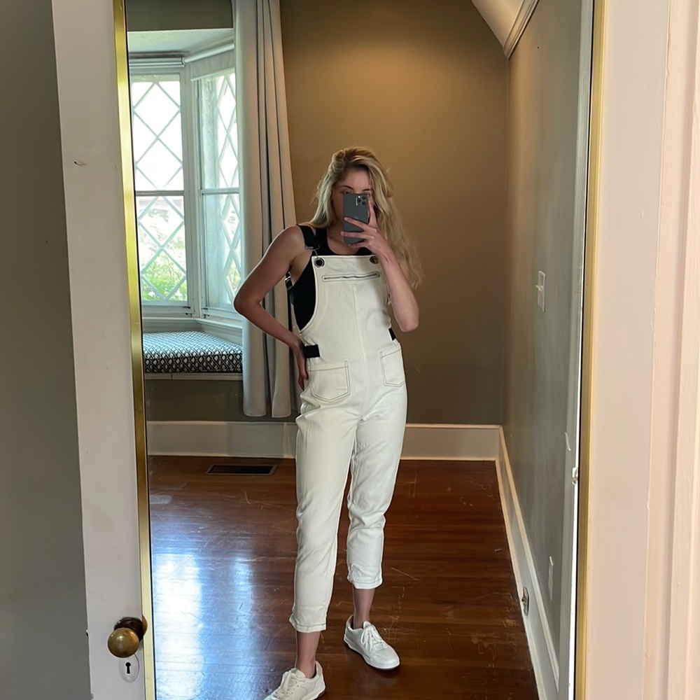 Choosy White Demon Overalls with Black Faux Leather Adjustable Straps